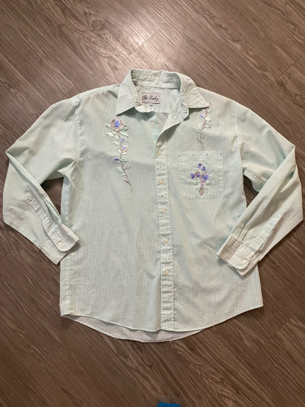 Get Lucky Embroidered Striped Button‑Down Shirt Floral Size M